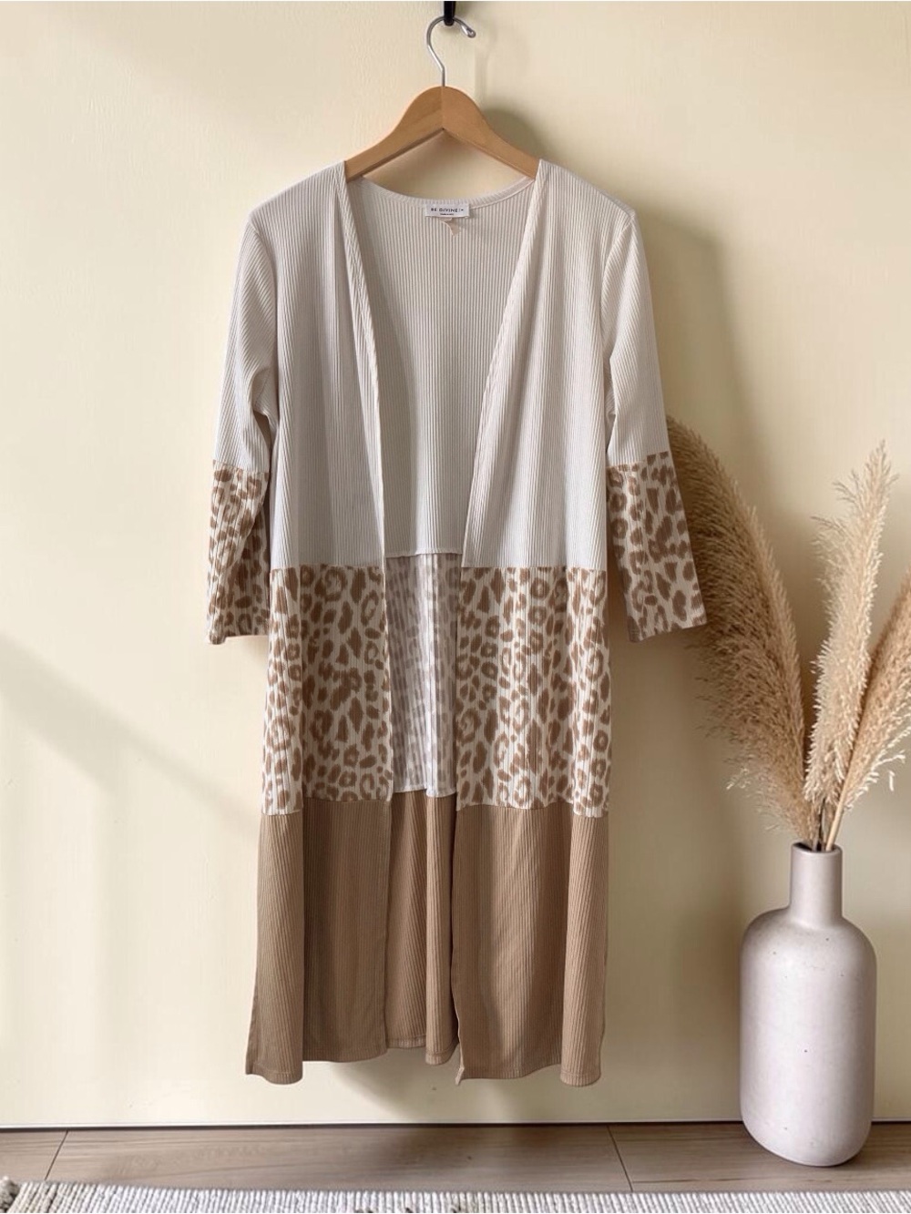 Leopard Colorblock Long Duster Cardigan Ribbed Boho Open Front